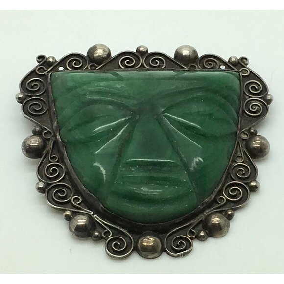 Sterling Silver Green Onyx Tribal Warrior Mask Mayan Aztec Pendant Brooch VTG - Picture 1 of 4